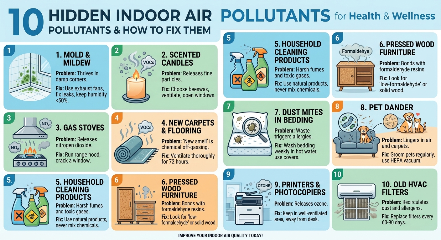"Infographic titled '10 Hidden Indoor Air Pollutants for Health & Wellness' listing ten sources of indoor air pollution with their problems and fixes: 1) Mold & Mildew – thrives in damp corners, fix with exhaust fans and humidity control; 2) Scented Candles – releases fine particles, choose beeswax and ventilate; 3) Gas Stoves – releases nitrogen dioxide, use range hood and crack a window; 4) New Carpets & Flooring – chemical off-gassing, ventilate for 72 hours; 5) Household Cleaning Products – harsh fumes and toxic gases, use natural products and avoid mixing chemicals; 6) Pressed Wood Furniture – formaldehyde resins, choose low-formaldehyde or solid wood; 7) Dust Mites in Bedding – triggers allergies, wash bedding weekly in hot water; 8) Pet Dander – lingers in air and carpets, groom pets and use a HEPA vacuum; 9) Printers & Photocopiers – releases ozone, keep in well-ventilated area; 10) Old HVAC Filters – recirculates dust and allergens, replace filters every 60-90 days. Footer text reads 'Improve Your Indoor Air Quality Today.'"