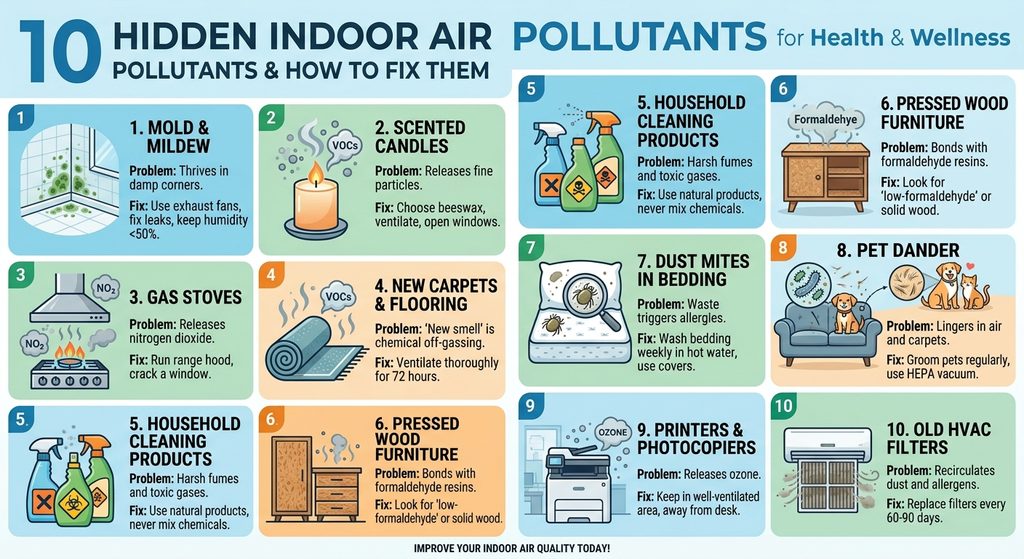 "Infographic titled '10 Hidden Indoor Air Pollutants for Health & Wellness' listing ten sources of indoor air pollution with their problems and fixes: 1) Mold & Mildew – thrives in damp corners, fix with exhaust fans and humidity control; 2) Scented Candles – releases fine particles, choose beeswax and ventilate; 3) Gas Stoves – releases nitrogen dioxide, use range hood and crack a window; 4) New Carpets & Flooring – chemical off-gassing, ventilate for 72 hours; 5) Household Cleaning Products – harsh fumes and toxic gases, use natural products and avoid mixing chemicals; 6) Pressed Wood Furniture – formaldehyde resins, choose low-formaldehyde or solid wood; 7) Dust Mites in Bedding – triggers allergies, wash bedding weekly in hot water; 8) Pet Dander – lingers in air and carpets, groom pets and use a HEPA vacuum; 9) Printers & Photocopiers – releases ozone, keep in well-ventilated area; 10) Old HVAC Filters – recirculates dust and allergens, replace filters every 60-90 days. Footer text reads 'Improve Your Indoor Air Quality Today.'"