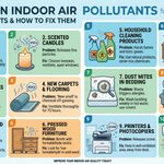 "Infographic titled '10 Hidden Indoor Air Pollutants for Health & Wellness' listing ten sources of indoor air pollution with their problems and fixes: 1) Mold & Mildew – thrives in damp corners, fix with exhaust fans and humidity control; 2) Scented Candles – releases fine particles, choose beeswax and ventilate; 3) Gas Stoves – releases nitrogen dioxide, use range hood and crack a window; 4) New Carpets & Flooring – chemical off-gassing, ventilate for 72 hours; 5) Household Cleaning Products – harsh fumes and toxic gases, use natural products and avoid mixing chemicals; 6) Pressed Wood Furniture – formaldehyde resins, choose low-formaldehyde or solid wood; 7) Dust Mites in Bedding – triggers allergies, wash bedding weekly in hot water; 8) Pet Dander – lingers in air and carpets, groom pets and use a HEPA vacuum; 9) Printers & Photocopiers – releases ozone, keep in well-ventilated area; 10) Old HVAC Filters – recirculates dust and allergens, replace filters every 60-90 days. Footer text reads 'Improve Your Indoor Air Quality Today.'"