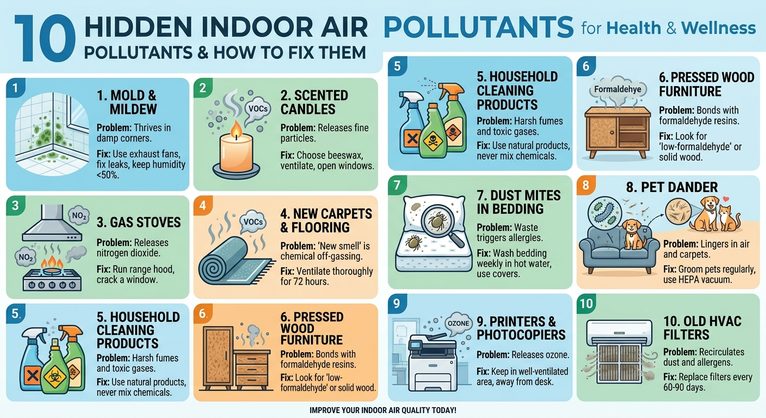 "Infographic titled '10 Hidden Indoor Air Pollutants for Health & Wellness' listing ten sources of indoor air pollution with their problems and fixes: 1) Mold & Mildew – thrives in damp corners, fix with exhaust fans and humidity control; 2) Scented Candles – releases fine particles, choose beeswax and ventilate; 3) Gas Stoves – releases nitrogen dioxide, use range hood and crack a window; 4) New Carpets & Flooring – chemical off-gassing, ventilate for 72 hours; 5) Household Cleaning Products – harsh fumes and toxic gases, use natural products and avoid mixing chemicals; 6) Pressed Wood Furniture – formaldehyde resins, choose low-formaldehyde or solid wood; 7) Dust Mites in Bedding – triggers allergies, wash bedding weekly in hot water; 8) Pet Dander – lingers in air and carpets, groom pets and use a HEPA vacuum; 9) Printers & Photocopiers – releases ozone, keep in well-ventilated area; 10) Old HVAC Filters – recirculates dust and allergens, replace filters every 60-90 days. Footer text reads 'Improve Your Indoor Air Quality Today.'"